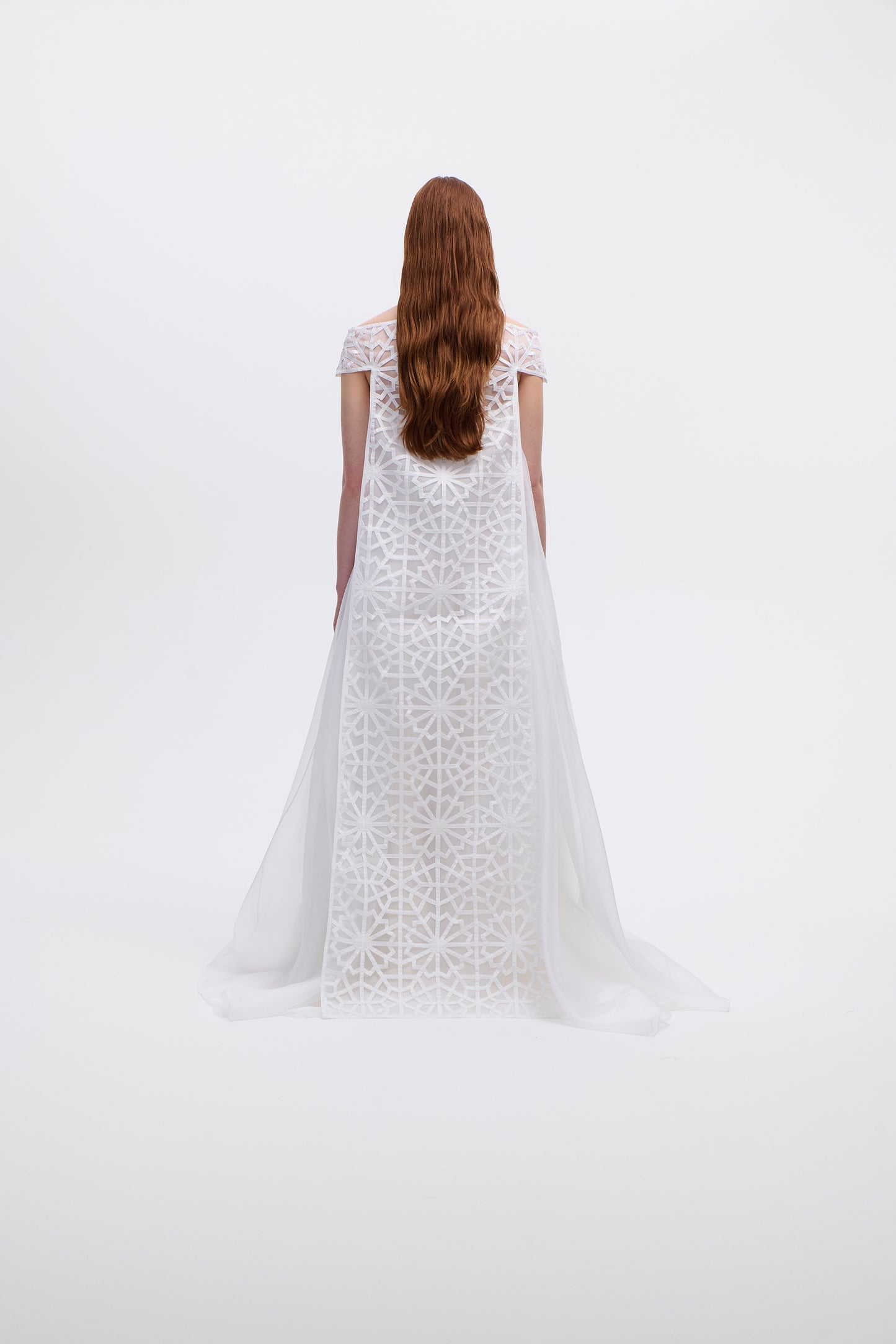 Off shoulder gown in wadha geometric cut out silk organza