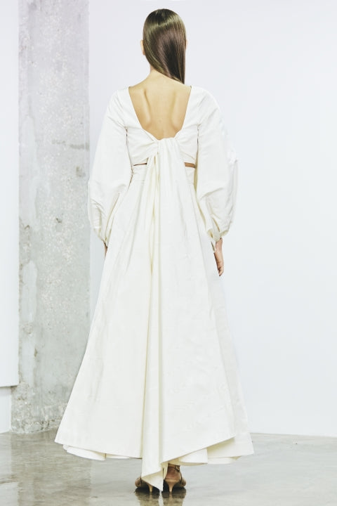 Puffed sleeves silk moire top with long back tie