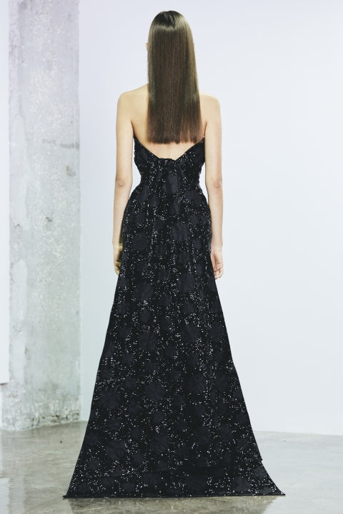 Strapless back tie full embellishment in silk-gazar dress