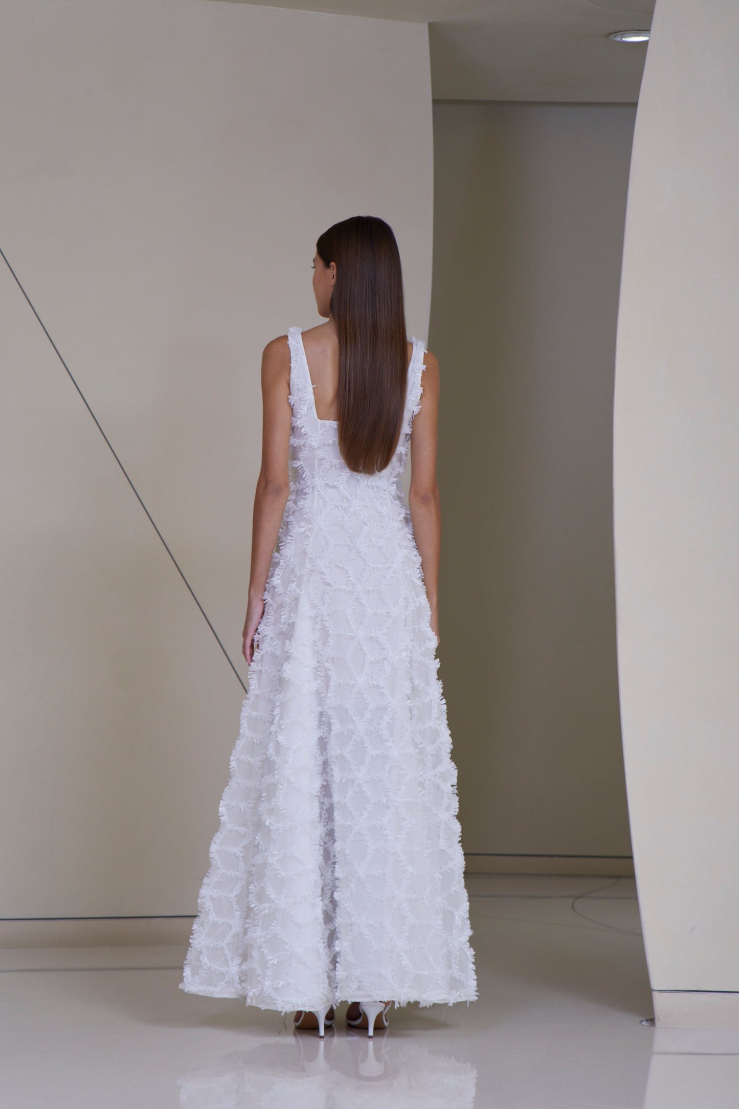 Square Neckline Voluminous Gown in silk organza with Full Raffia Geometric Design