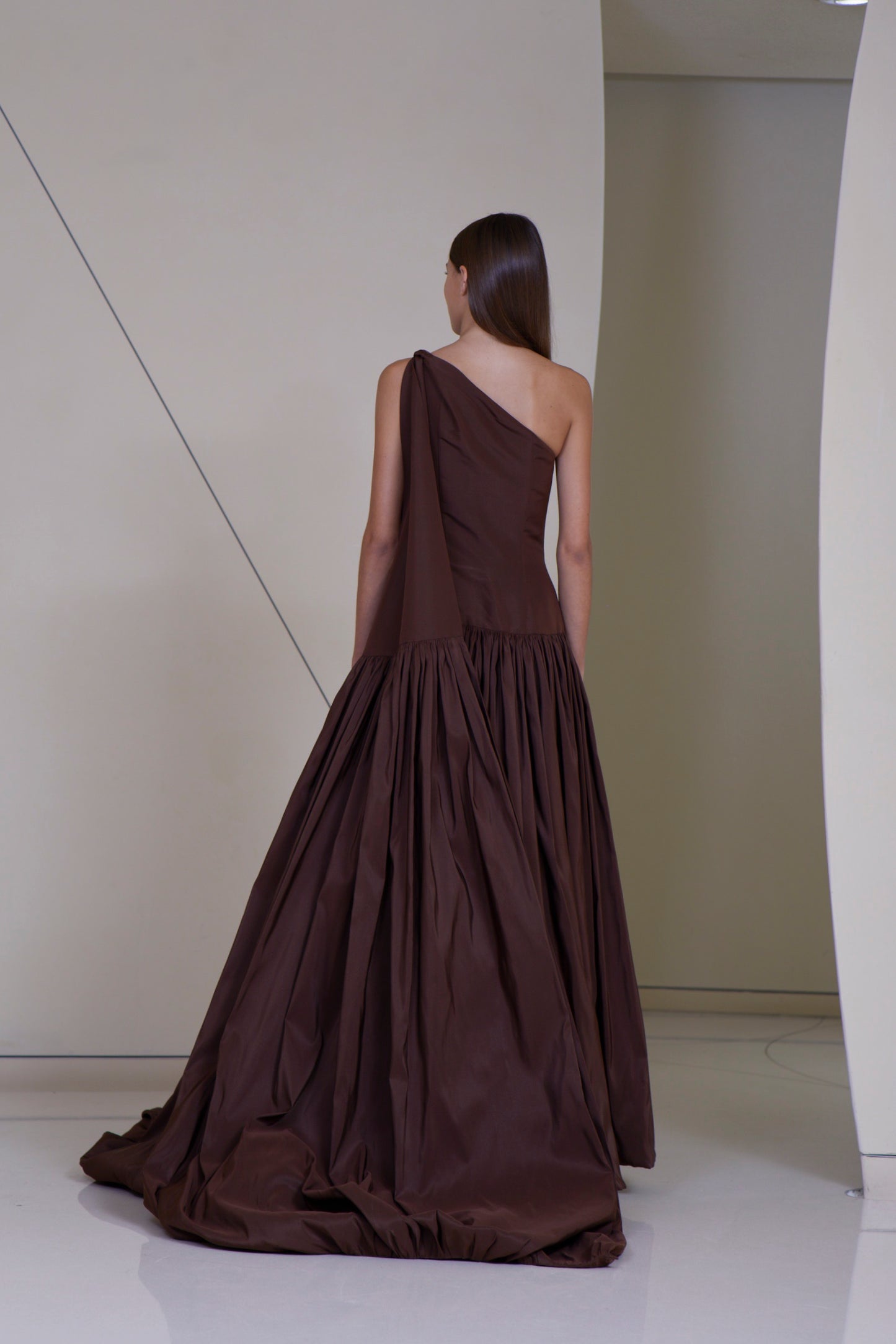 Asymmetric Voluminous Gown with Side Tie in silk Faille