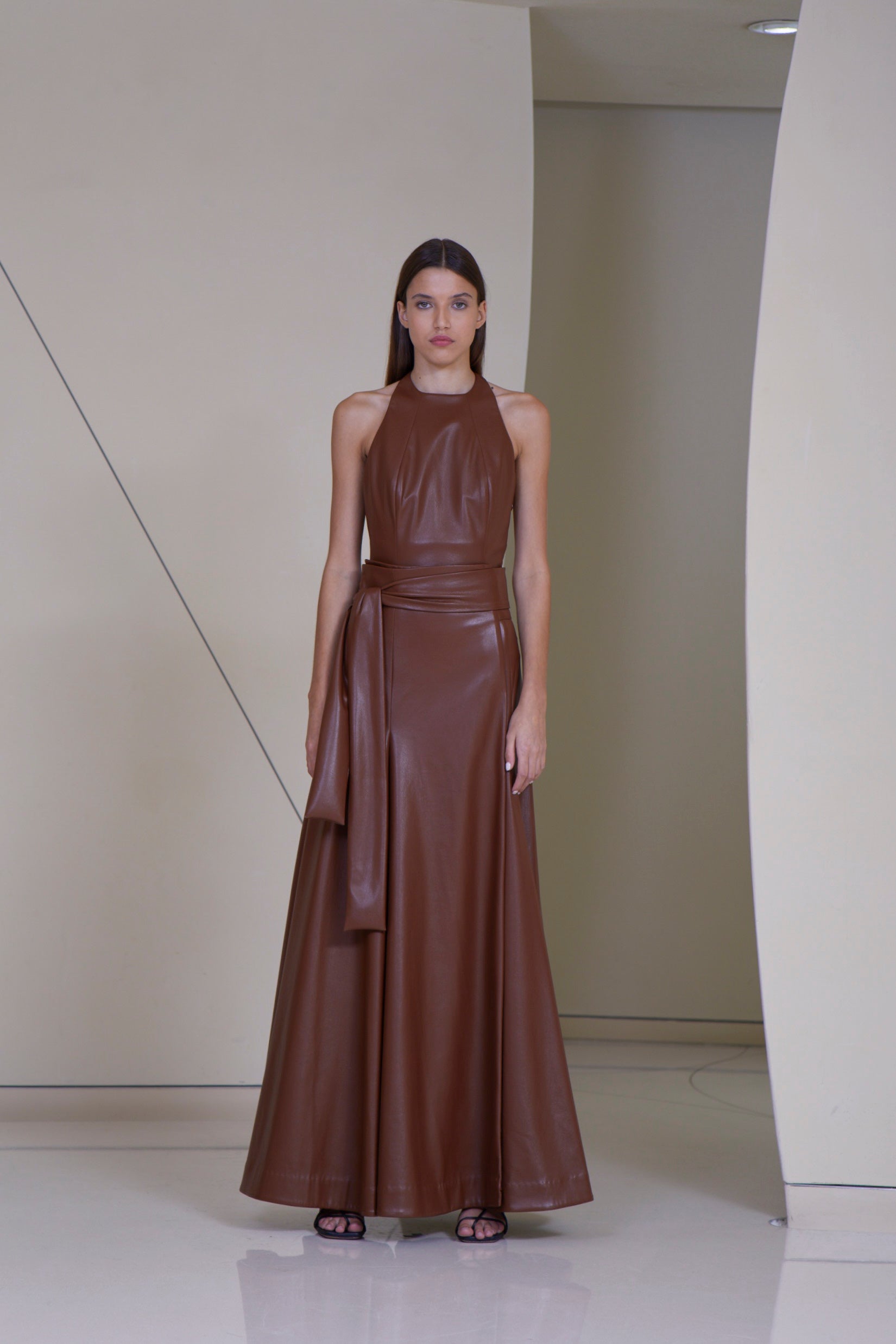 Halter Back Top with High Waisted Maxi Wrap Skirt in Faux Leather