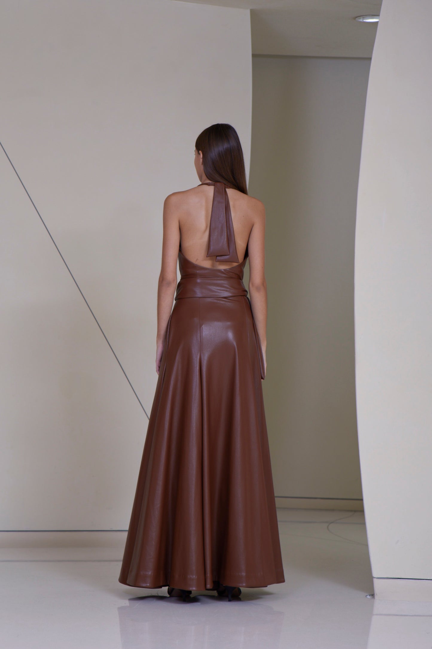 Halter Back Top with High Waisted Maxi Wrap Skirt in Faux Leather