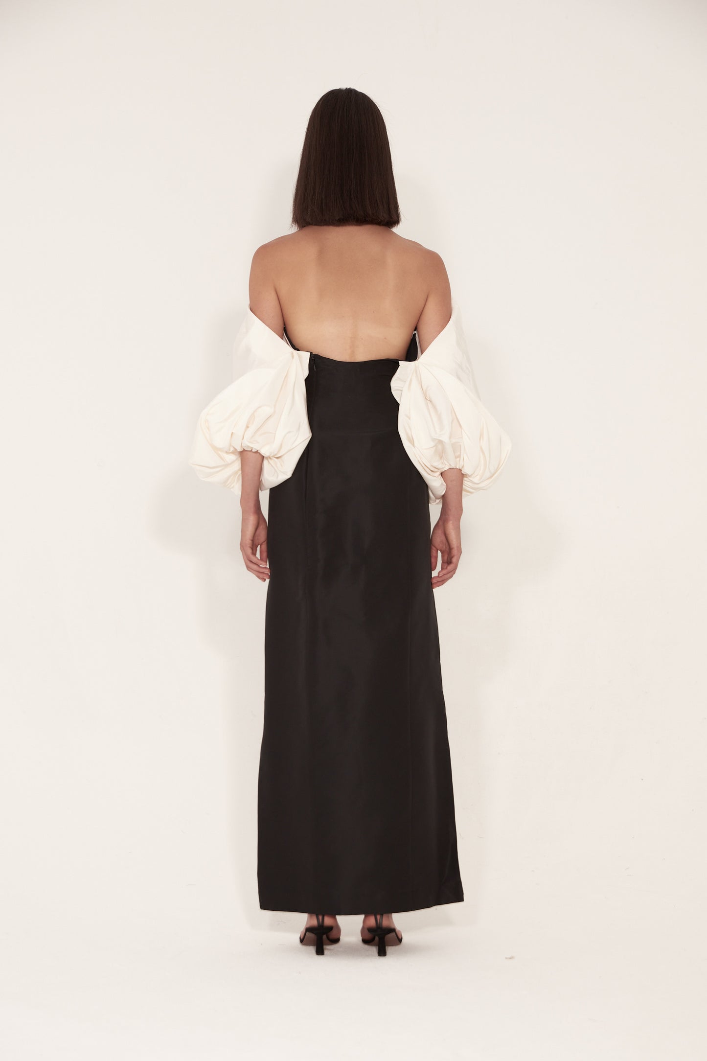 Open Back Puff Sleeves gown in Black & White Silk Faille