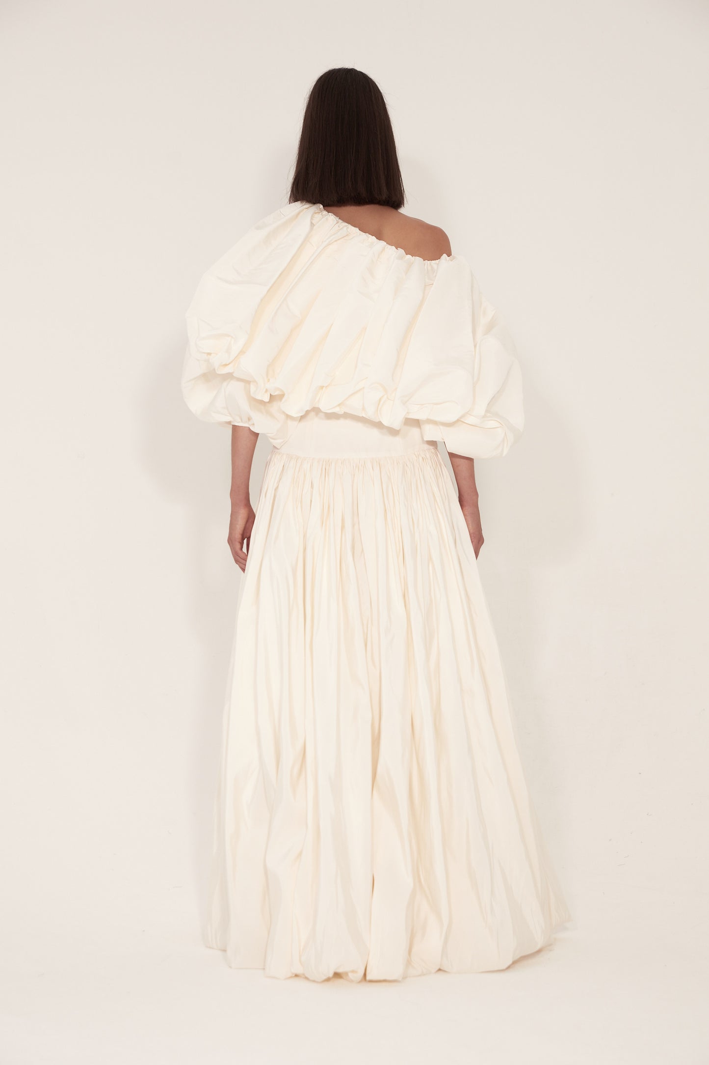 Puff Sleeves Asymmetric Top & High waisted Maxi Pleated kirt in Silk Faille