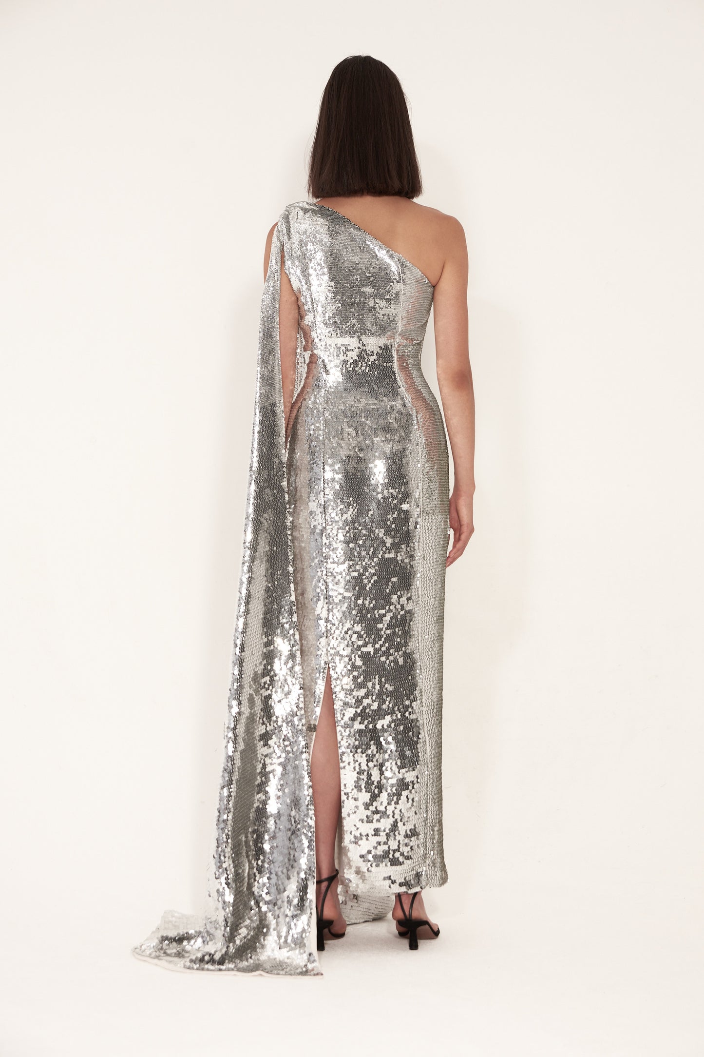 Asymmetric Straight cut dress with side cape tie in silk crepe in full hand embellished sequence