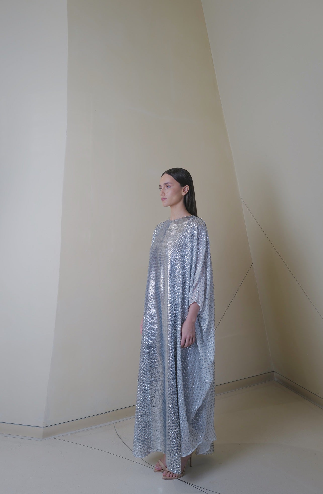 Classic Caftan with Full  Silver Sequins Embellishment