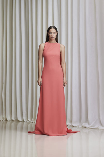 Boat neckline, asymmetric open back cape gown in crepe