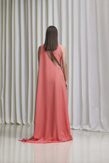 Boat neckline, asymmetric open back cape gown in crepe