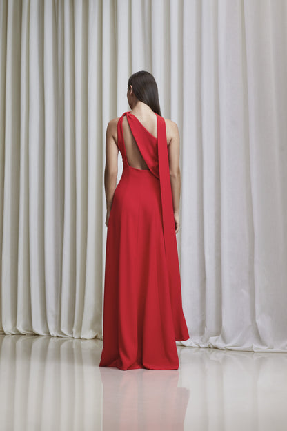 Asymmetric one-shoulder with draped tie gown in crepe