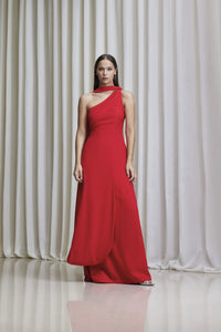 Asymmetric one-shoulder with draped tie gown in crepe
