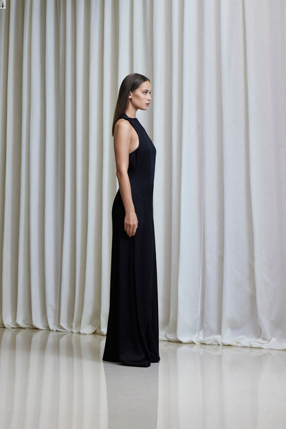 Boat neckline, asymmetric open draped-back gown in silk crepe