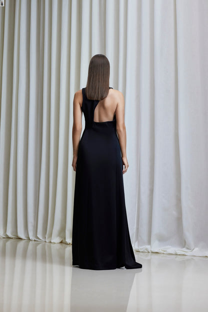 Boat neckline, asymmetric open draped-back gown in silk crepe