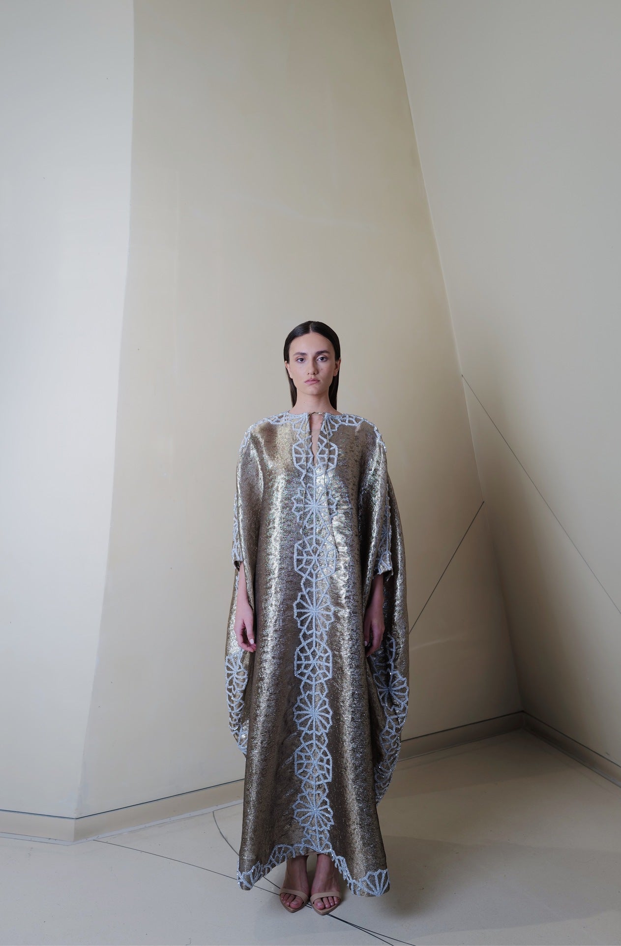 Mettalic gold classic caftan with geometric embellishment