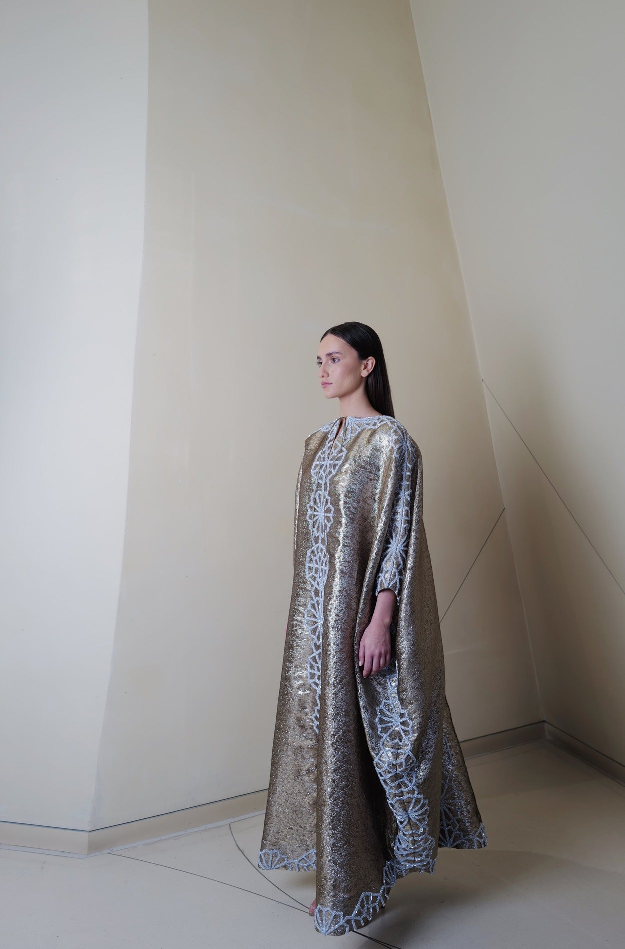 Mettalic gold classic caftan with geometric embellishment