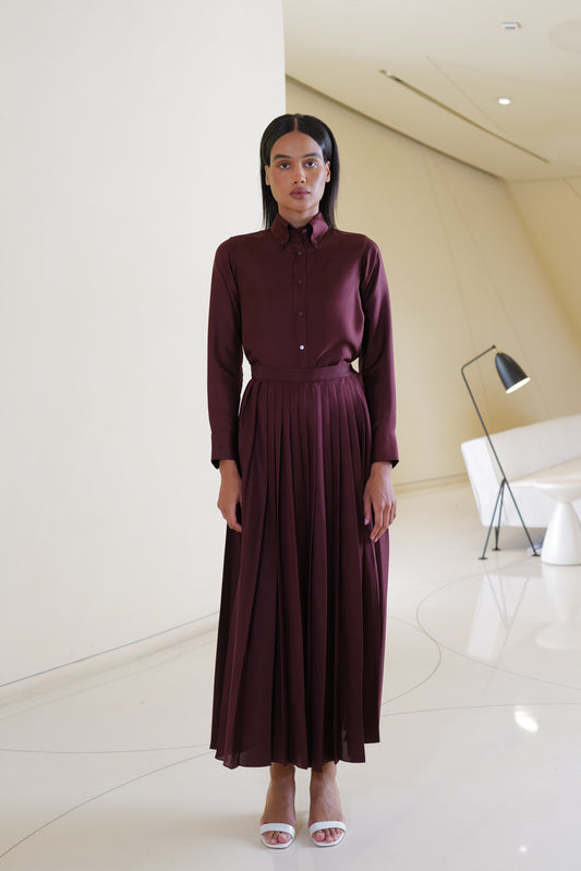 Shirt with Pleated Skirt in Maroon Silk