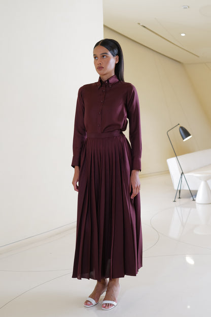 Shirt with Pleated Skirt in Maroon Silk