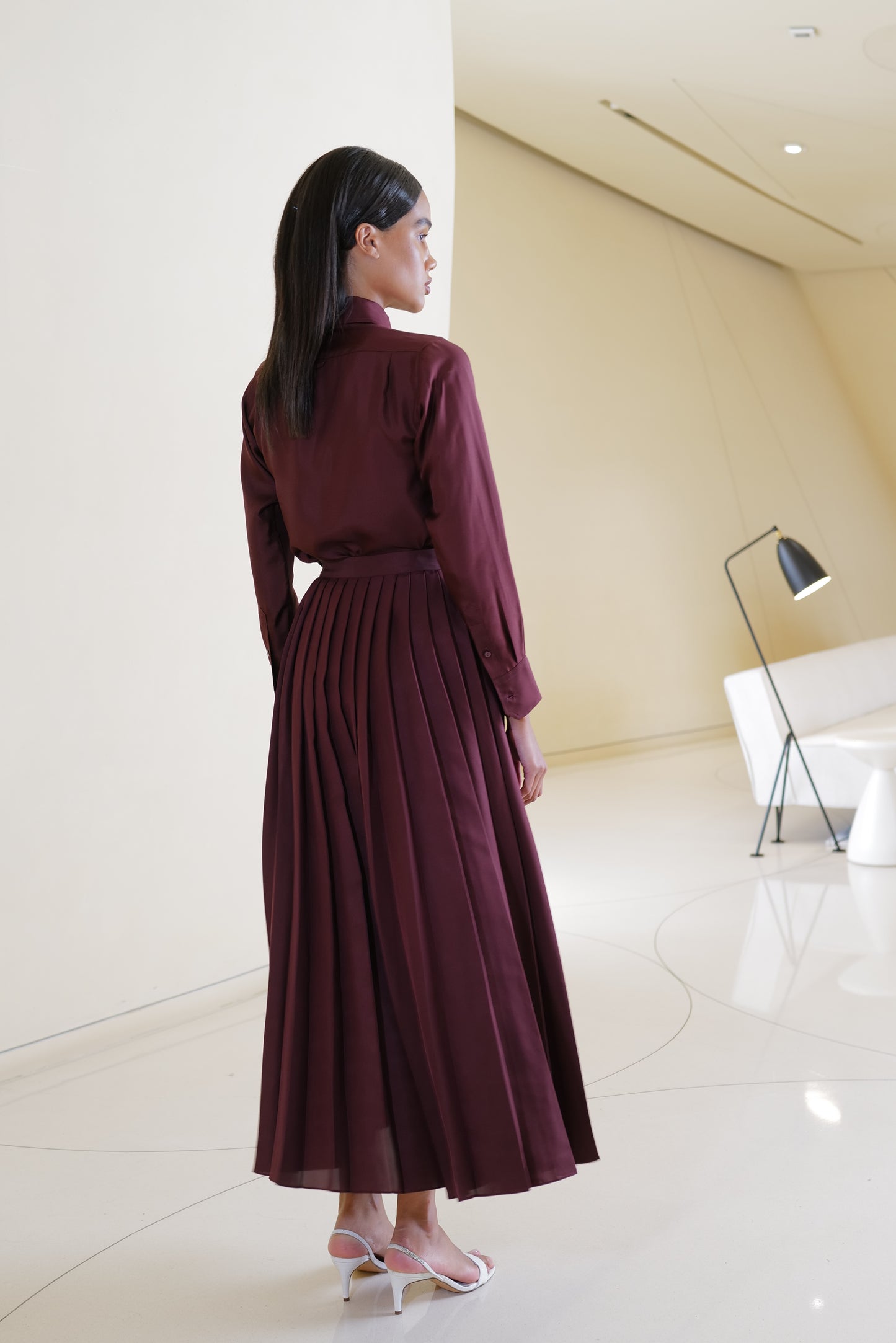 Shirt with Pleated Skirt in Maroon Silk