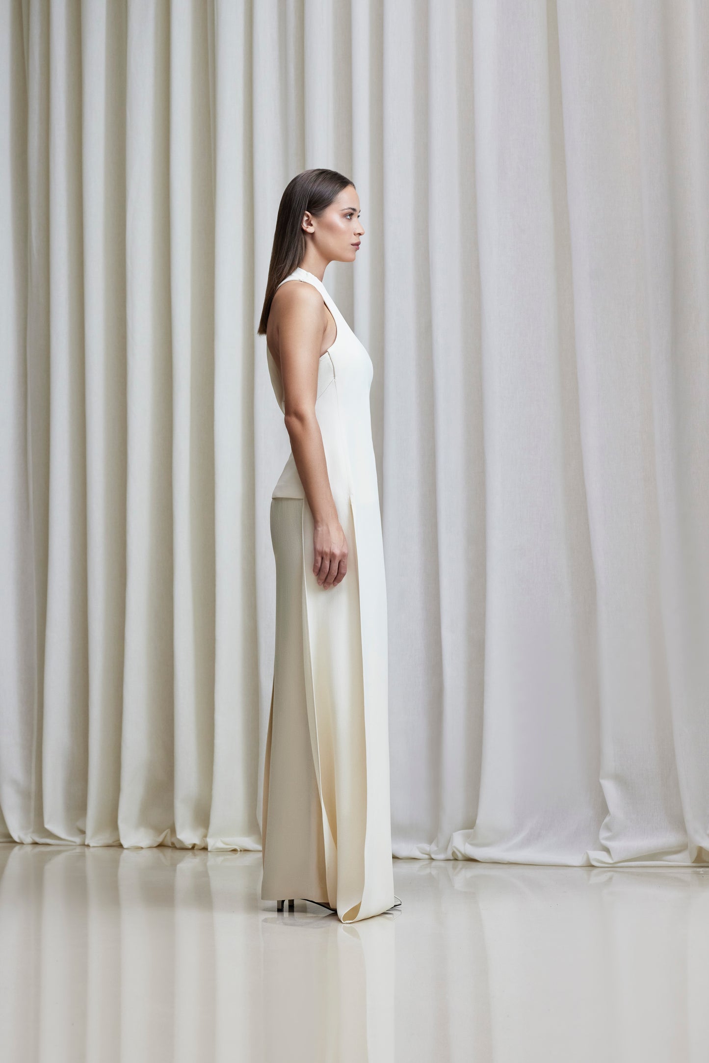 Asymmetric open draped- back top with maxi pencil skirt in silk crepe