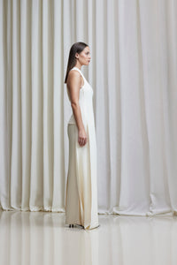 Asymmetric open draped- back top with maxi pencil skirt in silk crepe