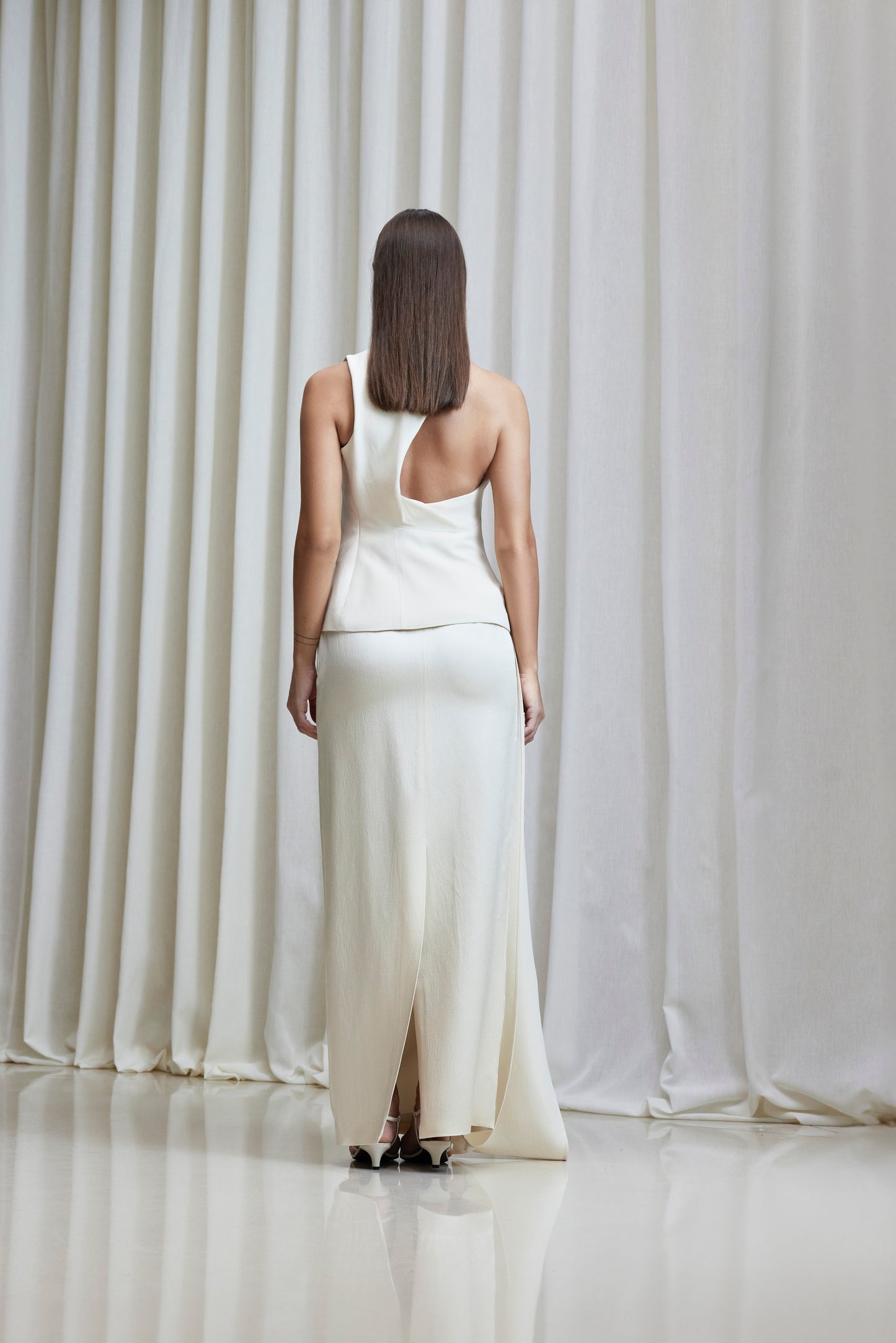 Asymmetric open draped- back top with maxi pencil skirt in silk crepe