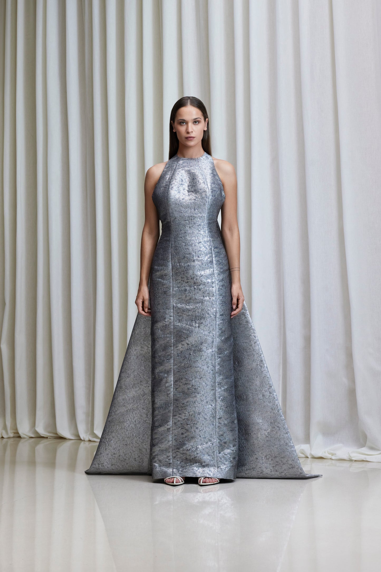 Halterback pencil dress with back tie in silver metallic