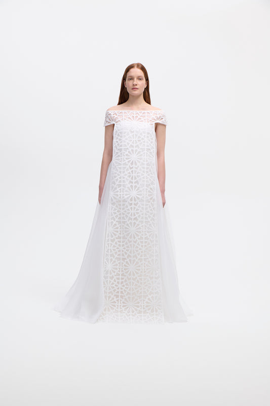 Off shoulder gown in wadha geometric cut out silk organza