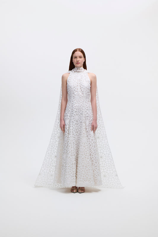 Draped back cape in wadha geometric cut out gown  silk organza