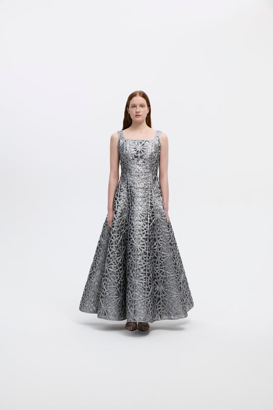 Square   neckline dress in silver metallic
