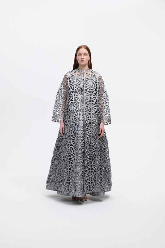 Cut out coat in wadha geometric metallic silver
