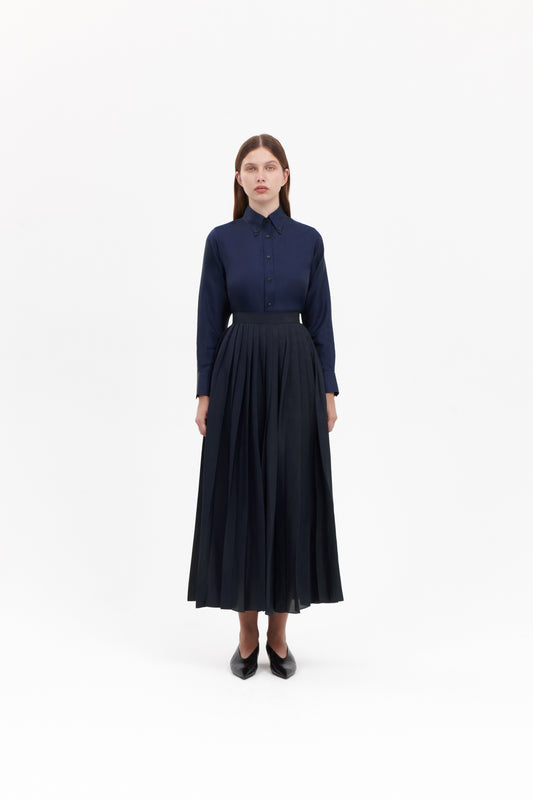 Shirt with Pleated Skirt in Navy Silk