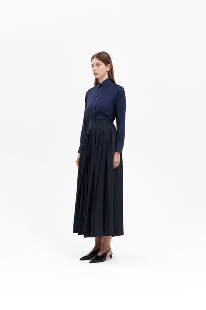 Shirt with Pleated Skirt in Navy Silk