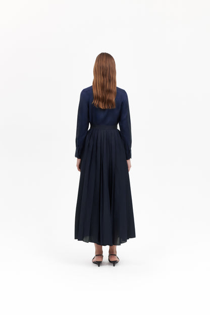 Shirt with Pleated Skirt in Navy Silk