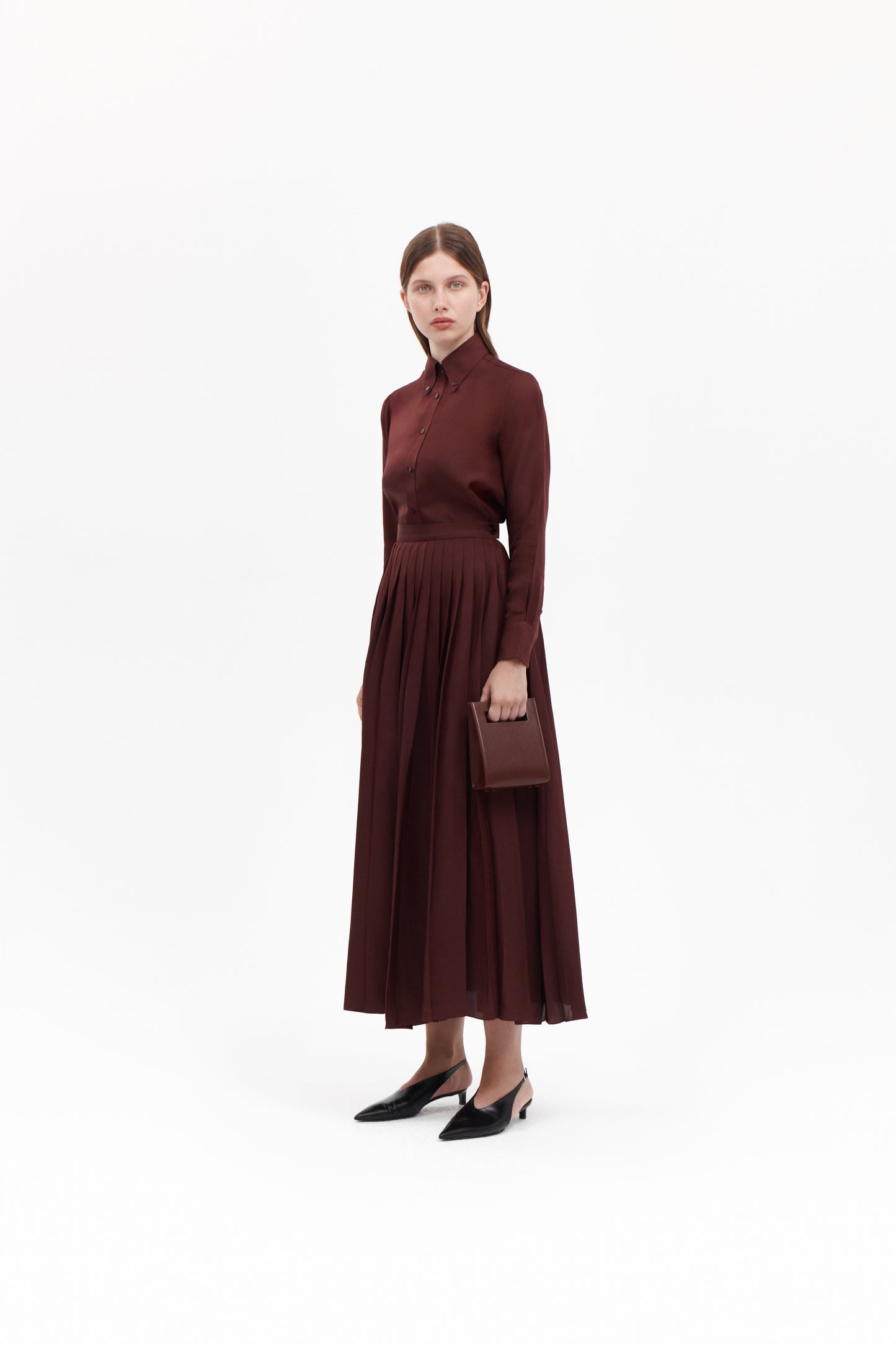 Shirt with Pleated Skirt in Maroon  Silk