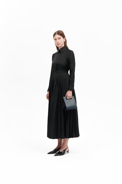 Shirt with Pleated Skirt in Black Silk