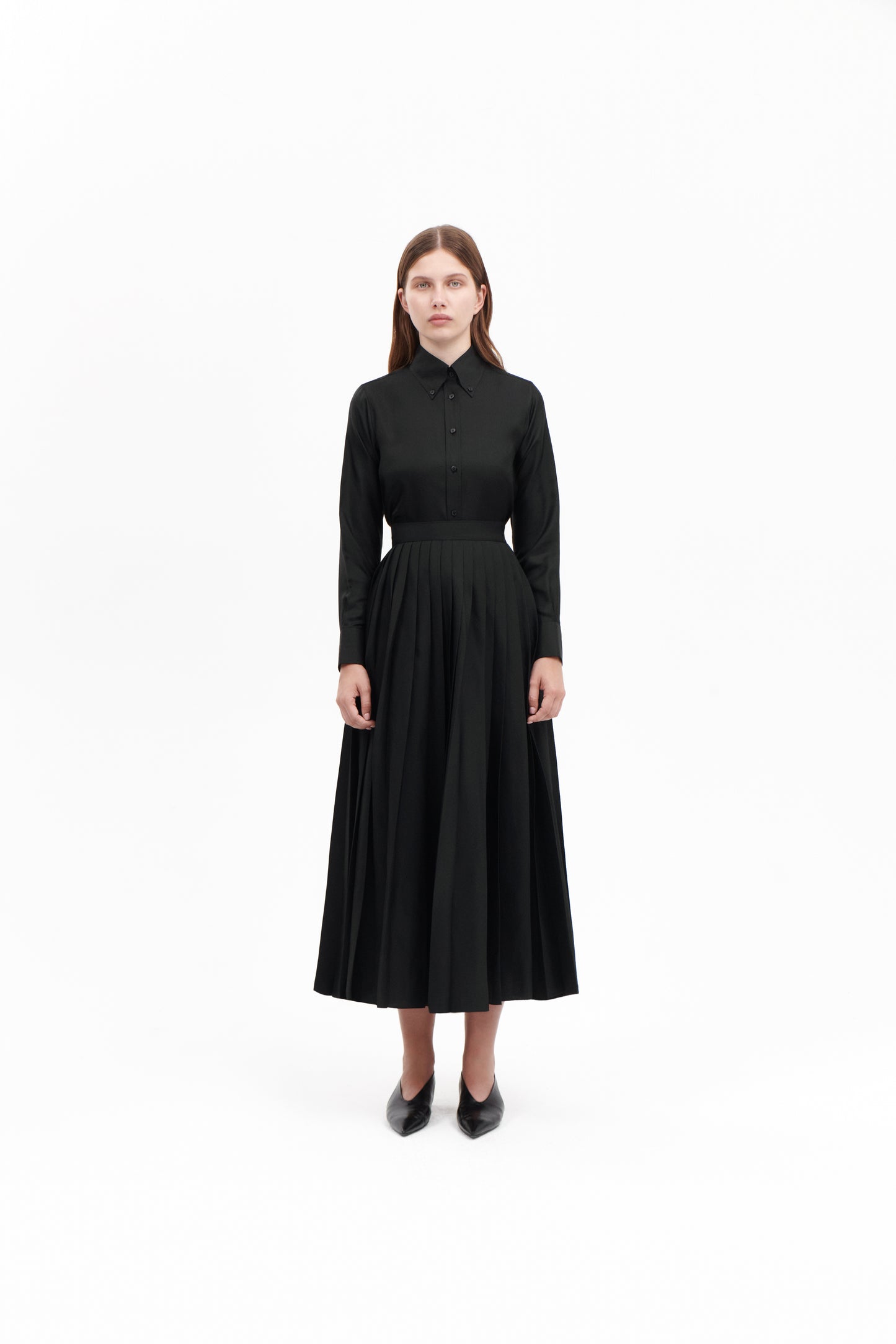 Shirt with Pleated Skirt in Black Silk