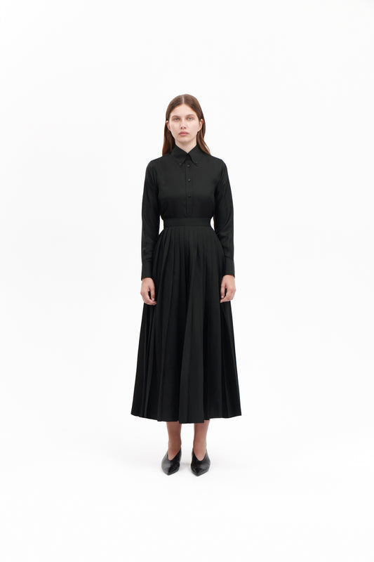 Shirt with Pleated Skirt in Black Silk