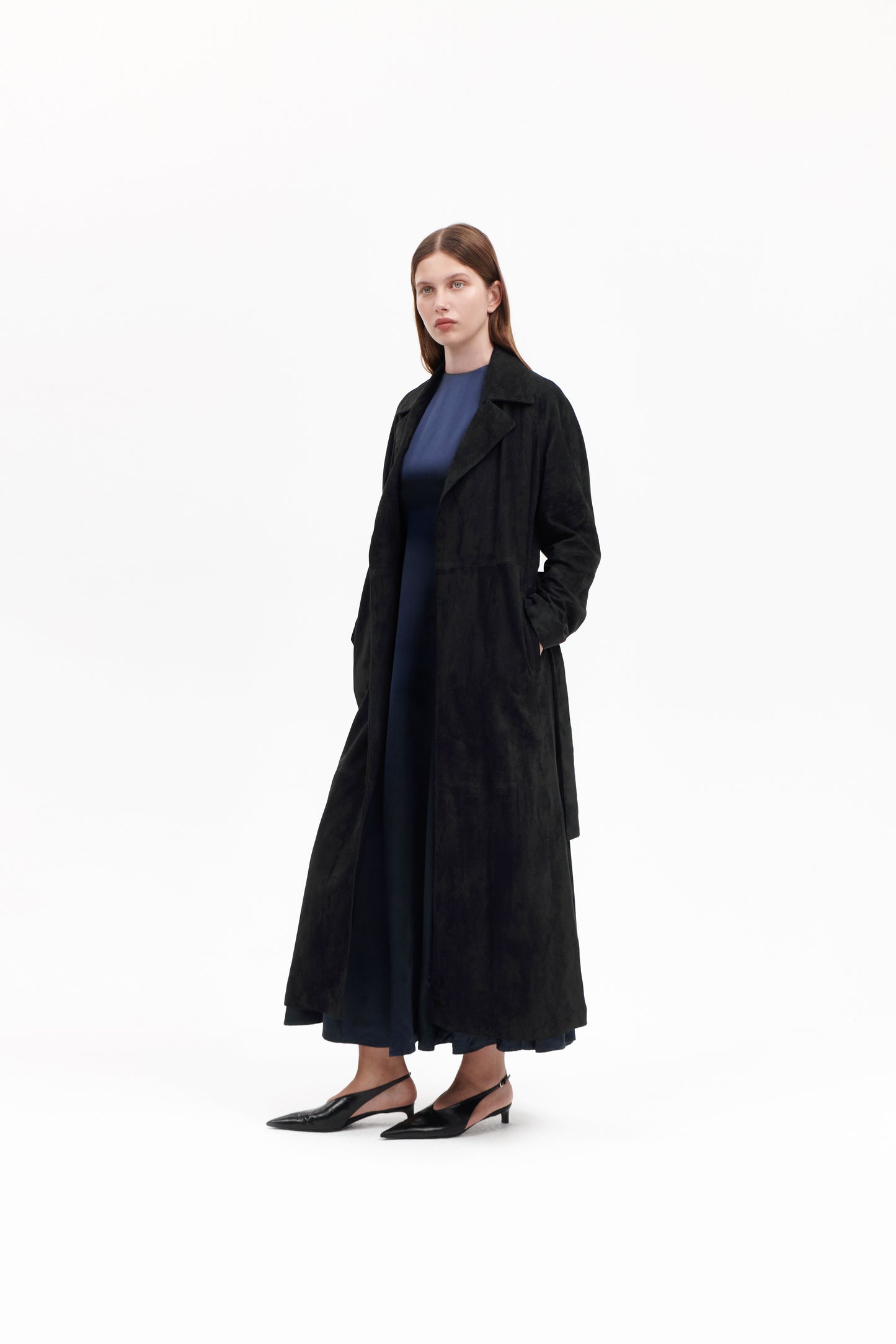 Oversized Navy Suede Trench Coat