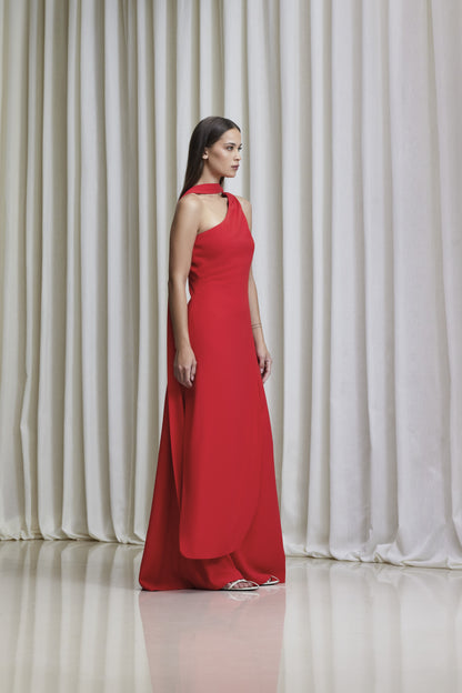 Asymmetric one-shoulder with draped tie gown in crepe