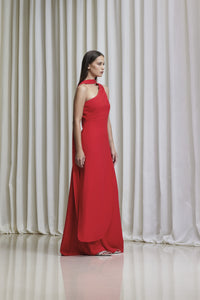 Asymmetric one-shoulder with draped tie gown in crepe