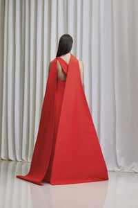 Assymetric one-shoulder with draped tie cape gown in silk-faille