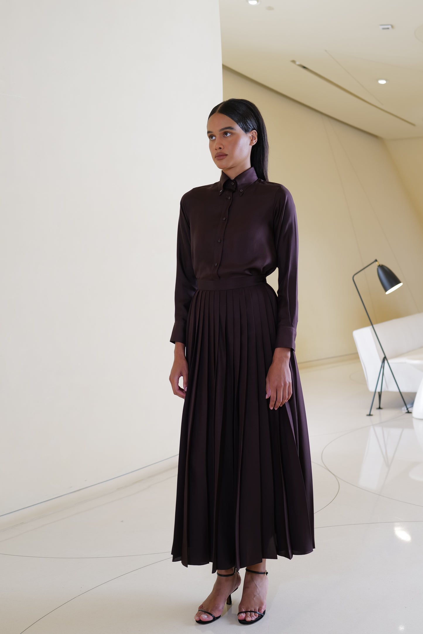 Shirt with Pleated Skirt in Brown Silk