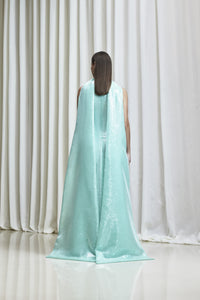 Draped back cape mint green sequined gown in silk organza