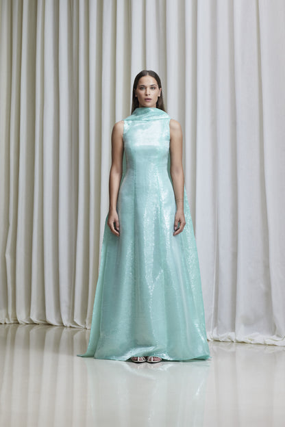 Draped back cape mint green sequined gown in silk organza