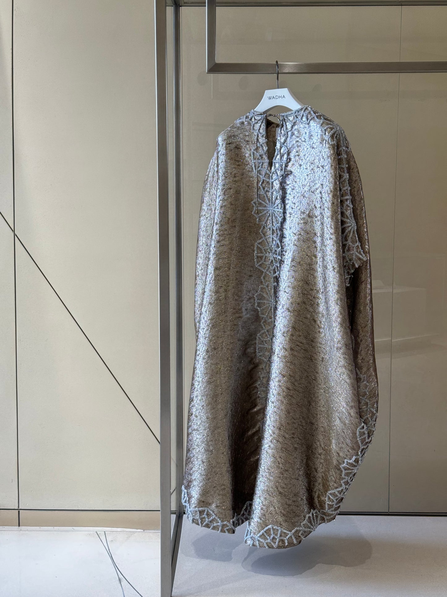 Mettalic gold classic caftan with geometric embellishment