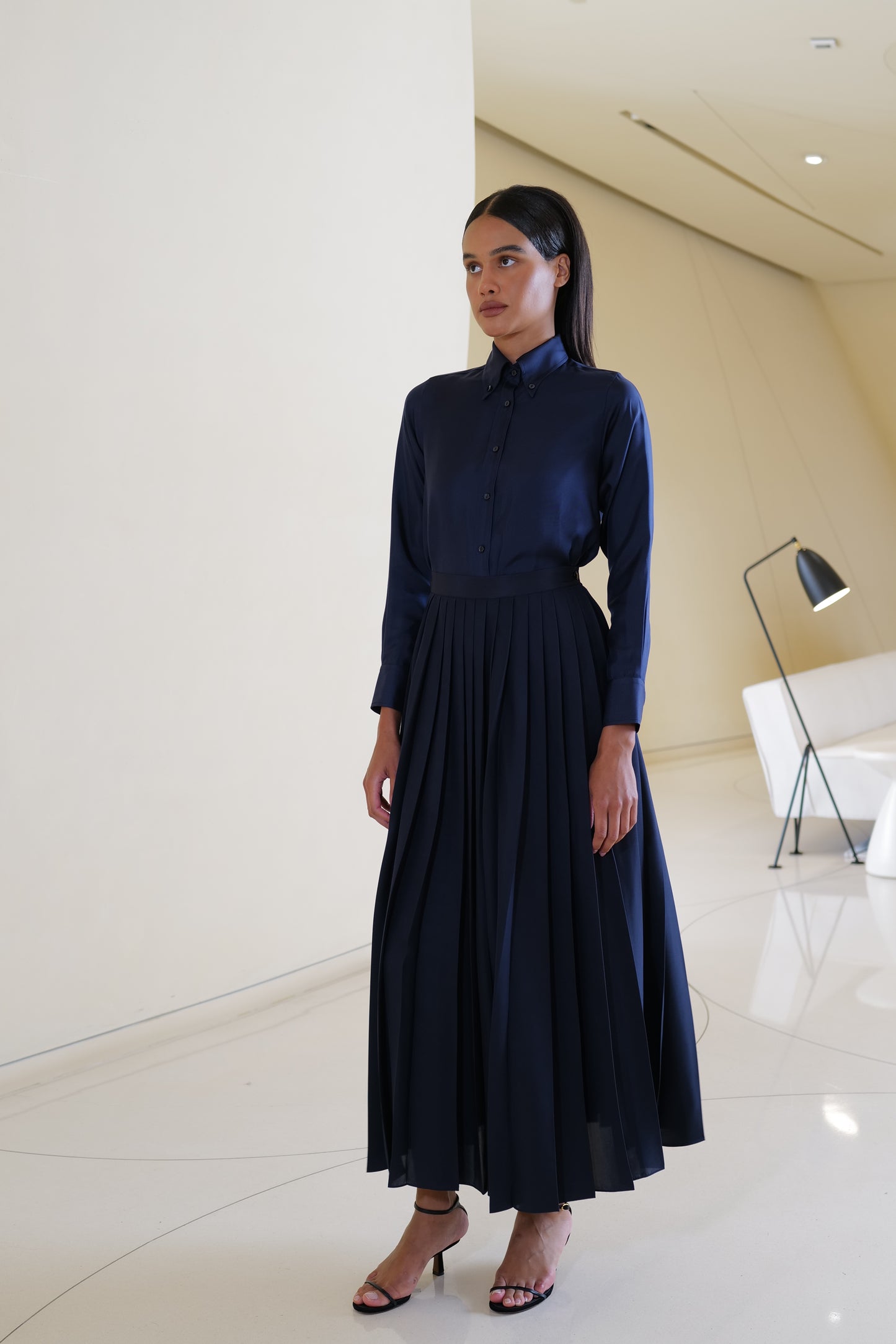 Shirt with Pleated Skirt in Navy Silk