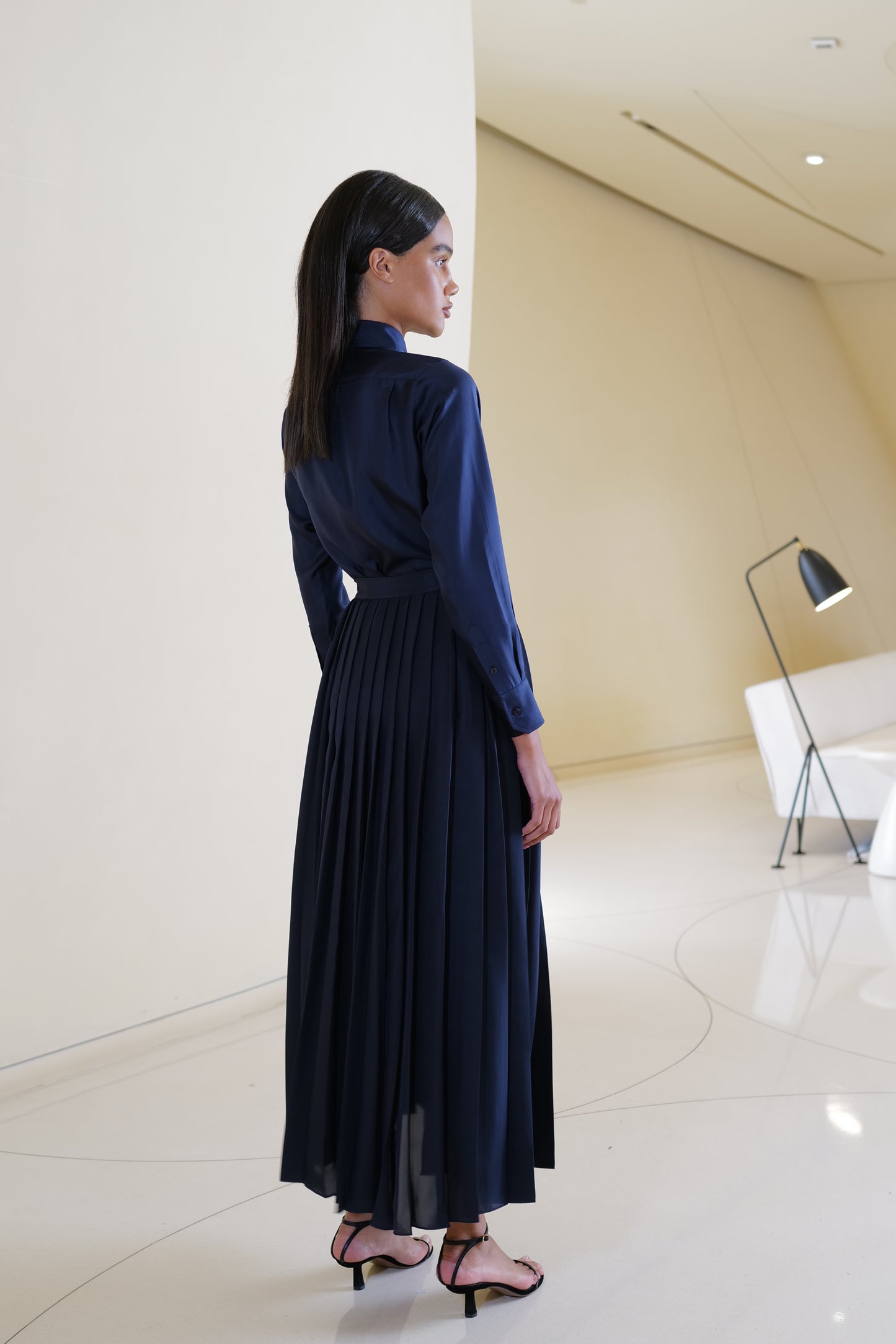 Shirt with Pleated Skirt in Navy Silk