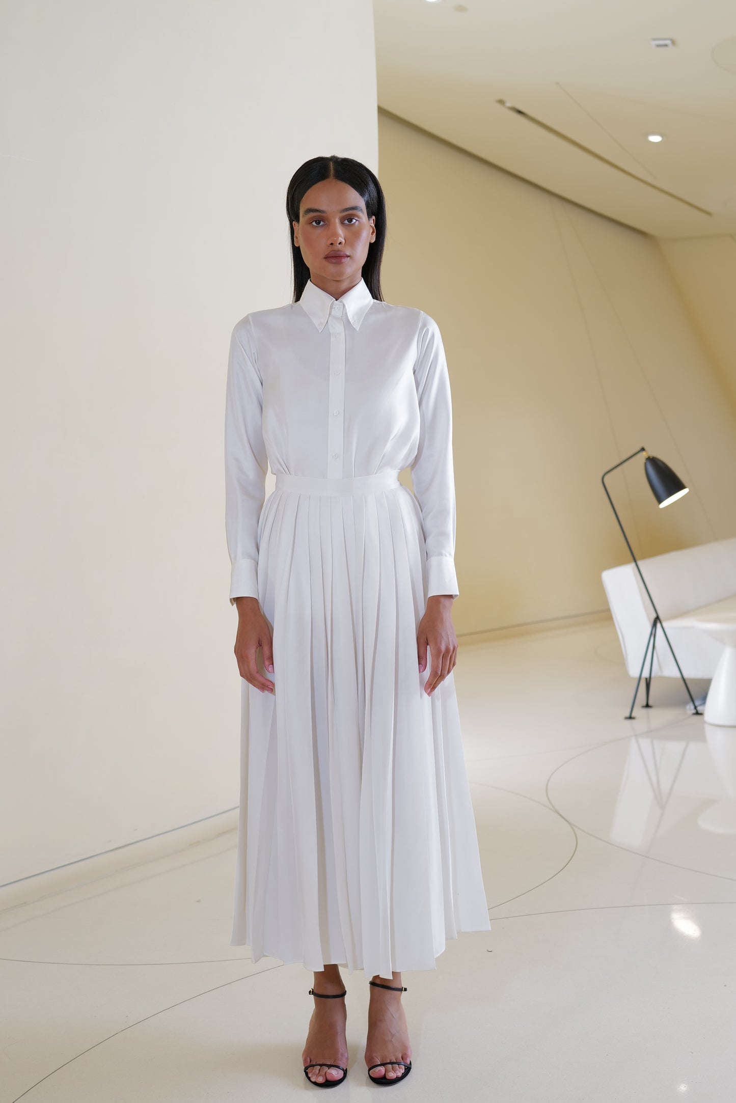 Shirt with Pleated Skirt in White Silk –