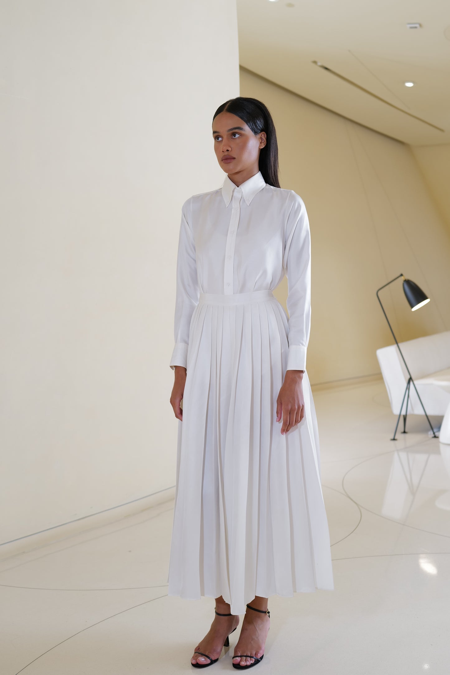 Shirt with Pleated Skirt in White Silk