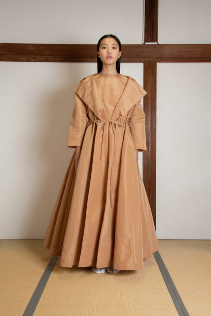 Oversized floor length coat in silk faille